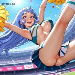 1girls ai_generated arms_up big_ass bouncing_breasts cheerleader cheerleader_uniform clitoral_hood clitoris dtkai happy jumping large_breasts looking_at_viewer nejire_hado nipples nipples_visible_through_clothing open_mouth outside parted_lips pussy_juice smile stadium