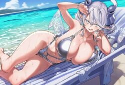 ai_generated beach_background bikini breasts demon demon_girl demon_horns duel_monster earrings hi_res huge_breasts junxia konami labrynth_of_the_silver_castle looking_at_viewer lovely_labrynth_of_the_silver_castle lying princess queen silver_eyes smile thighs tongue_out twintails white_hair yu-gi-oh!
