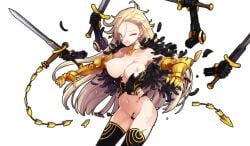 bare_shoulders blonde_hair blue_eyes breasts choker destruction eiyuu_senki female gauntlets gilgamesh_(eiyuu_senki) large_breasts long_hair non-web_source oyari_ashito thighhighs torn_clothes transparent_background