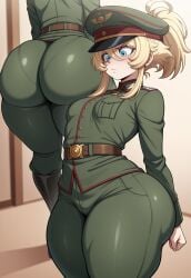 1girls ai_generated ass blonde_hair blue_eyes gilndo8 hat huge_ass large_ass military_uniform solo tanya_degurechaff thick_thighs uniform youjo_senki
