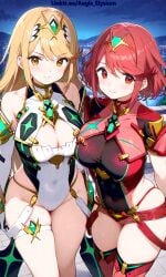 2girls aegis_elysium ai_art ai_assisted ai_female ai_generated background bare_legs blush blushing_at_viewer breasts breasts_bigger_than_head breasts_pressed_together cityscape cleavage cloud clouds core_crystal duo_focus earrings edited elbow_gloves female female_focus garter_straps gem gloves hair_ornament headpiece highleg highres hot house huge_breasts jewelry lamp landscape large_breasts leotard light lights long_hair looking_at_viewer mountain mountains mythra mythra_(xenoblade) navel night night_sky nintendo outdoors party pressing_breasts pressing_breasts_together pyra pyra_(xenoblade) red_eyes sexy short_shorts skindentation sky smile smiling smiling_at_viewer standing starry_sky stars swept_bangs thick thick_thighs thighhighs thighs tiara tree trees vegetation very_long_hair wall wall_(structure) water watermark window windows xenoblade_(series) xenoblade_chronicles_(series) xenoblade_chronicles_2 yellow_eyes