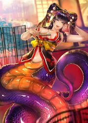 1girls alternate_species armpits breasts cleavage dead_or_alive deviantart hand_fan hand_on_face japanese_clothing lamia licking_lips monster_girl naga nyotengu psychowolf scales snake snake_girl tecmo tongue tongue_out twintails