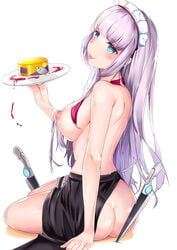 :p absurdres apron areolae arm_support ass back bangs black_apron blue_eyes blunt_bangs blush breasts can dagger deogho_(liujinzy9854) eyebrows_visible_through_hair female highres holding holding_plate large_breasts last_origin leg_garter long_hair looking_at_viewer looking_back maid maid_headdress naked_apron nipples no_panties plate puffy_nipples red_neckwear silver_hair sitting smile solo sowan_(last_origin) tongue tongue_out topless tuna very_long_hair waist_apron weapon