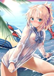 1girls aqua_eyes arm_support bangs beach bikini bikini_removed blonde_hair blush braid breasts closed_mouth commentary_request day dress dress_tug fate/grand_order fate_(series) female frown highres long_hair long_sleeves looking_at_viewer medium_breasts mordred_(fate) mordred_(swimsuit_rider) mozu_(peth) nipples ocean outdoors palm_tree ponytail prydwen red_bikini sailor_dress see-through sitting solo surfboard swimsuit tree water wet wet_clothes white_dress