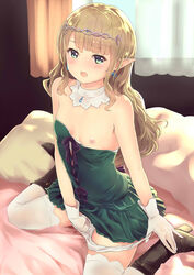 areolae bangs bare_arms bare_shoulders bed bed_sheet blonde_hair blush boots breasts brown_footwear commentary_request culter curtains day detached_collar dress dress_slip earrings elf eyebrows_visible_through_hair female gloves green_dress green_eyes hand_in_panties highres indoors jewelry long_hair masturbation nipples on_bed open_mouth original panties panties_around_one_leg panty_pull pillow pointy_ears pussy_juice pussy_juice_puddle sitting sitting_on_bed small_breasts solo strapless strapless_dress thighhighs underwear wariza white_gloves white_legwear white_panties window