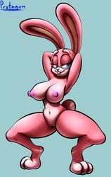 anthro blue_eyes breasts female furry lagomorph nipples no_humans nude pink_fur plain_background protagon pussy solo tagme