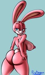 1girls anthro ass big_ass big_ears big_eyes blue_eyes breasts eye_contact female female_only furry half-closed_eyes huge_breasts lagomorph large_breasts looking_at_viewer nipples no_humans nude pink_fur plain_background presenting protagon solo source_request text