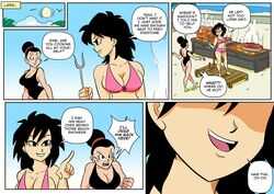 bardock beach black_eyes black_hair breasts chichi cooking dragon_ball dragon_ball_super female funsexydragonball gine light-skinned_female light_skin long_hair saiyan speech_bubble spiky_hair swimming_trunks swimsuits tank_top