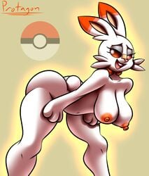 anthro curvy erect_nipples fur lagomorph looking_at_viewer nintendo nose_bandage orange orange_eyes orange_nipples pokemon pokemon_ss protagon scorbunny smile solo_female thick_thighs white_fur