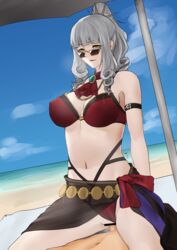 beach bikini carmilla_(fate) censored clothed_female_nude_male cowgirl_position cum fate/grand_order fate_(series) girl_on_top glasses grey_hair hikichi_sakuya looking_down looking_over_eyewear looking_over_glasses ponytail red_bikini riding sex smile sunglasses swimsuit tinted_eyewear vaginal_sex yellow_eyes