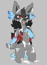 2019 alternate_color anthro blue_fur bodily_fluids canid canine cum cum_everywhere cum_on_tongue digital_media_(artwork) ditto ejaculation female fluffy fur genital_fluids hi_res hybrid looking_at_viewer lucario mammal may_(kojondian) messy nintendo nude open_mouth original_character pokemon pokemon_(species) pokemon_bw pokemon_dppt pokemon_rgby pokemon_rse poochyena pussy raveneevee red_eyes simple_background smile solo tagme teeth tongue tongue_out video_games zoroark