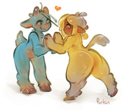 anthro ass bent_forward blue_fur bovid caprine duo female female/female fur goat hands_together heart hooves horizontal_pupils horn mammal nude panken pussy sheep simple_background smile standing white_background yellow_fur yuri