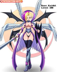 angel angel_wings armor bat_wings big_breasts blonde_hair female green_eyes looking_at_viewer original original_character patreon reit roxy_(reit) shield sword wings