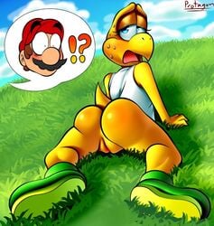 1boy 1girls ass eyes female grass koopa koopa_troopa looking_at_another looking_at_viewer looking_back male mario mario_(series) nintendo on_grass outdoors protagon pussy rule_63 sky sweat tagme tail