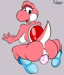 1girls anthro anus ass back_view backboob breasts egg egg_laying eyeshadow female female_only half-closed_eyes looking_at_pussy mario_(series) nintendo open_mouth pink_skin pink_yoshi protagon shell shoes solo tagme tail thick thick_thighs thighs yoshi