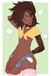 1boy 2019 5_fingers 8owties bad_id bad_twitter_id bell_collar big_penis big_thighs bracelets brown_hair character_request collar dark-skinned_femboy dark-skinned_male dark_brown_hair dark_skin earrings erection femboy girly green_background green_eyes hand_behind_head huge_cock huge_penis hung_trap male male_only micro_shorts minishorts mohawk navel original original_character penis pink_thighhighs precum simple_background solo tattoo thighhighs tied_shirt trap white_border