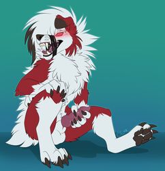 2018 4_toes 5_fingers anthro black_pawpads canine citrinelle claws digital_media_(artwork) fingers fur gag knot lycanroc male male_only mammal masturbation midnight_lycanroc nintendo open_mouth original_character pawpads penis pokémon_(species) pokemon pokemon_sm red_fur simple_background solo teeth toes tongue video_games white_fur