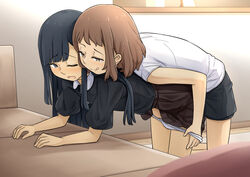 2girls :p bent_over black_eyes black_hair black_shirt black_skirt brown_eyes brown_hair brown_skirt couch face-to-face fingering hand_under_clothes hand_under_skirt long_hair miniskirt moaning multiple_girls naughty_face open_mouth original panties panty_pull pulled_by_another shirt short_hair short_sleeves skirt smile tongue tongue_out underwear white_panties white_shirt yuri