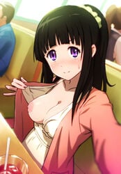 1girls areola_slip areolae breasts breasts_out chitanda_eru exposed_breasts female female_focus female_only flashing hyouka nipples one_breast_out oppai oppai_challenge self_exposure self_shot