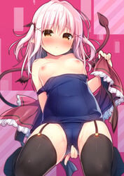 bangs black_legwear blush breasts brown_eyes brown_wings closed_mouth collarbone commentary_request covered_navel demon_tail demon_wings detached_wings eyebrows_visible_through_hair female garter_straps hair_between_eyes hair_ornament hanamiya_natsuka kneeling long_hair looking_at_viewer medium_breasts mini_wings nipples no_shoes nose_blush original pink_hair school_swimsuit solo swimsuit swimsuit_pull tail tail_raised thighhighs two_side_up wings x_hair_ornament