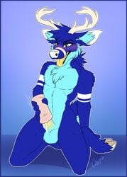 2018 5_fingers anthro black_lips blue_background blue_eyes blue_fur cervid citrinelle digital_media_(artwork) fingers fur hooves kneeling lips male male_only mammal open_mouth penis simple_background smile solo tongue white_nose yellow_tongue