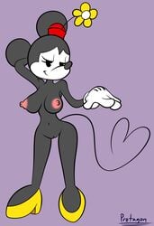 1girls alternate_body_type alternate_breast_size anthro bedroom_eyes black_fur erect_nipples female gloves hand_behind_head heart heels looking_at_viewer minnie_mouse mouse naked navel one_arm_behind_head pose protagon pussy rodent seductive smile solo solo_focus thin_tail