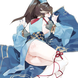 anus ass blue_dress blue_nails blue_sleeves brown_hair chajott64 character_request chinese_clothes commentary cum cum_in_pussy detached_sleeves dress feet_out_of_frame female highres kneehighs long_hair looking_at_viewer looking_back no_panties obi onmyoji pointy_ears ponytail pussy sash simple_background slap_mark smile solo thighs white_background white_legwear