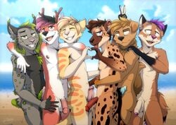 2019 5_fingers anthro antlers balls black_nose canid canine canis cervid day detailed_background domestic_cat domestic_dog felid feline felis fingers fox green_eyes group horn lynx male male_only mammal nude open_mouth outside penis pink_nose sky smile standing teeth tongue zawmg