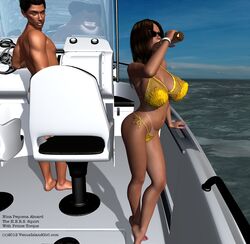 1boy 1girls 2012 3d bare_shoulders barefoot big_breasts bikini bikini_bottom bikini_top bimbo boat bottle bracelet brown_eyes brown_hair busty cottonkidd curvy day detailed_background english_text eyelashes female front_view glasses holding_object hourglass_figure human lipstick looking_down makeup male midriff nail_polish nina_pequena outdoor outside pink_lipstick pink_toenails pose posing shadow shiny shiny_skin short_hair sunglasses swimsuit tan tan_skin tanline tanlines text thong voluptuous water wide_hips