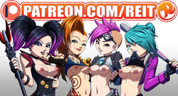 4girls alternate_costume bellona_(smite) big_breasts black_hair blizzard_entertainment brown_eyes crossover evie_(paladins) female female_only green_eyes green_hair jacket jinx_(league_of_legends) league_of_legends looking_at_viewer multiple_girls nipples open_jacket orange_hair overwatch paladins patreon pink_hair pulled_by_self punk reit shirt_lift short_hair small_breasts smirk smite tattoo tracer troublemaker_evie upper_body