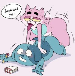2019 anthro ass blue_fur blush bodily_fluids canid canine canis domestic_cat domestic_dog duo english_text eroborus felid feline felis fur humanoid_hands male male_only mammal mao_mao_heroes_of_pure_heart ol'_blue penis pink_fur roz sex simple_background slightly_chubby sweat text tongue tongue_out