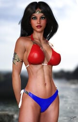 1girls 3d alternate_costume amazon arm_band arms_behind_back belly_button big_breasts big_breasts bikini bikini_top black_hair blue_bikini_bottom blue_eyes blue_panties breasts dc dc_comics diana_prince eyeshadow female female_only front_view goddess hands_behind_back human justice_league light_smile lipstick long_hair makeup mascara midriff navel nipple_bulge nipples panties pinup red_bikini_top red_bra red_lips red_lipstick signature smile smiling solo standing stomach superheroine themysciran thighs tiangtam tiara wonder_woman wonder_woman_(series)