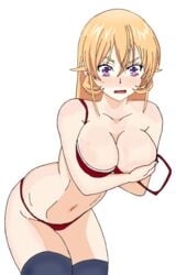 blonde_hair bra breasts embarrassed holding_breast lingerie lpogo nakiri_erina open_mouth panties purple_eyes shokugeki_no_souma surprised thighhighs undressing white_background