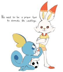 1boy ambiguous_gender anthro anthrofied ball bottomwear clothing kitsune2000 licking male nintendo original_character penis pokémon_(species) pokemon pokemon_ss scorbunny shirt shorts sobble soccer sport sportswear text tongue tongue_out topwear video_games