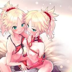 bikini_top bottomless breasts fate/grand_order fate_(series) mordred_(fate) mordred_(swimsuit_rider) mozu_(pixiv8754) nipples thighhighs wardrobe_malfunction yuri