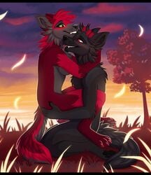 2019 4_toes anthro anthro_on_anthro black_fur black_nose breasts canid canine canis citrinelle day detailed_background digital_media_(artwork) duo female fur grass hair hi_res kneeling male mammal outside red_eyes red_fur red_hair sky straight teeth toes tongue wolf