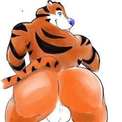 1:1 anthro ass balls big_butt blue_eyes blue_nose crazy_company felid frosted_flakes fur invalid_tag kellogg's looking_back male male_only mammal mascot nude orange_fur pantherine simple_background smile solo stripes tiger tony_the_tiger