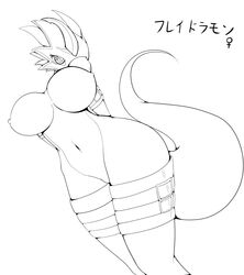 1girls anthro anthrofied areola areolae belly belly_button big_breasts breasts digimon digimon_(species) dragon dragonewt eyelashes female female_only flamedramon genderswap hi_res hips huge_breasts humanoid large_breasts long_tail monochrome navel nipples sketch solo solo_female tail thick thick_tail thick_thighs thighs voluptuous wide_hips