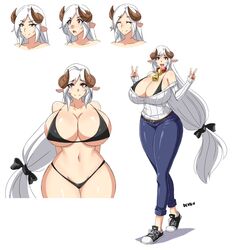 bikini breasts bursting_breasts cleavage cow_girl cowbell devil-v female female_only highres horns huge_breasts solo swimsuit wide_hips