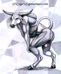 2000 anthro ass balls bent_over blue_eyes bovid bovine cattle ear_piercing ear_ring european_mythology facial_piercing fur greek_mythology hooves horn jewelry male male_only mammal minotaur mythology nose_piercing nose_ring nude piercing rog_minotaur simple_background solo solo_male traditional_media_(artwork) white_fur