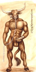 2000 anthro balls bovid bovine brown_eyes brown_fur cattle chains ear_tag european_mythology facial_piercing fur greek_mythology hooves horn humanoid_penis jewelry male male_only mammal minotaur muscular mythology nipple_piercing nipple_ring nipples nose_piercing nose_ring nude penis piercing rog_minotaur simple_background solo solo_male standing traditional_media_(artwork)