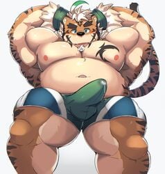 2019 anthro belly bhtoss blue_eyes bodily_fluids bottomwear bulge clothing cum cum_through_clothing erection erection_under_clothing felid genital_fluids hombretigre male male_only mammal moobs musclegut muscular nipples overweight overweight_male pantherine shorts simple_background solo tail thick_thighs tiger tokyo_afterschool_summoners underwear video_games wet wet_clothing white_background