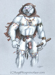 2001 accessory anthro anthro_only axe balls brown_eyes claws clothed clothing cock_ring fangs fur furry hood humanoid_penis jewelry long_fur male male_only mammal melee_weapon muscular muscular_male necklace nipple_piercing nipple_ring nipples no_humans penis penis_accessory penis_jewelry piercing polar_bear rog_minotaur skimpy solo standing tattoo traditional_media_(artwork) tribal ursid ursine weapon white_fur