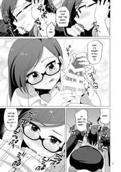 2boys big_penis blowjob blush comic crossdressing cum cum_in_mouth cum_inside cum_on_face cum_on_tongue doujinshi english_text erection femboy gay girly glasses leggings male_only open_mouth oral pencil_skirt short_skirt tagme teacher tongue tongue_out trap urakuso yaoi