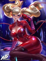 ann_takamaki atlus blonde_hair blue_eyes bodysuit cat_tail catsuit human large_ass large_breasts liang_xing looking_at_viewer megami_tensei pale_skin persona persona_5 phantom_thief_suit red_lipstick sega shiny shiny_clothes shiny_suit sitting smile smiling tight_clothing twintails whip zipper zipper_pull_tab