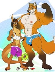 2020 abs anthro biceps blue_clothing blue_underwear brown_hair bulge canid canine card_game clothing dangaroo duo eyewear flexing fox genitals glasses hair kangaroo kihu larger_male macropod male male_only mammal marsupial muscular muscular_male navel nipples pecs penis purple_clothing purple_underwear shirt size_difference smaller_male standing tank_top topwear torn_clothing underwear uno_card wardrobe_malfunction