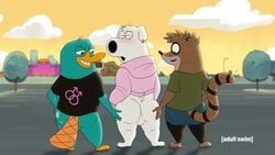 16:9 3boys animated anthro anthro_on_anthro ass backsack balls blush booty_trio bottomless brian_griffin canid canine canis cartoon_network clothed clothing disney domestic_dog family_guy gay group hi_res jasper_(family_guy) male male/male male_only mammal monotreme ok_k.o.!_let's_be_heroes perry_the_platypus phineas_and_ferb platypus procyonid raccoon raymondfoxxx regular_show rigby_(regular_show) yaoi