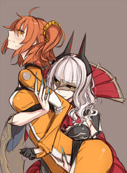 2girls blue_nails blush bodysuit carmilla_(fate) chaldea_combat_uniform fate/grand_order fate_(series) female_only fujimaru_ritsuka_(female) gudako hair_ornament hollomaru hug_from_behind long_fingernails mask masked multiple_girls nail_polish orange_hair yellow_eyes yuri