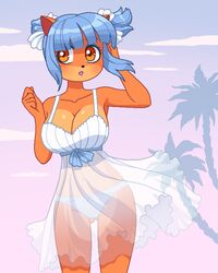 1girls animal_ears animal_nose anthro ass_visible_through_thighs bandicoot big_breasts black_nose blue_hair blush blushing bow bow_panties breasts busty cleavage clothing clouds collarbone crash_(series) crash_bandicoot_(series) crash_team_racing crash_team_racing_nitro-fueled curvy dress eyelashes female female_only fully_clothed furry furry_only hair_ribbon hairbow huge_breasts kempferzero large_breasts lips lipstick looking_away looking_to_the_side mammal marsupial megumi_bandicoot naughty_dog navel orange_eyes orange_fur outdoors palm_tree palm_trees panties pink_lipstick ribbon sexually_suggestive shiny_fur shiny_hair short_hair short_twintails sidelocks solo sony_corporation sony_interactive_entertainment standing translucent translucent_clothing tree twintails underwear video_game video_games voluptuous white_bow white_dress white_panties white_ribbon white_underwear wide_hips