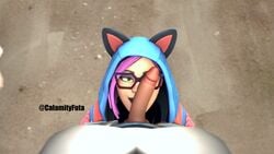 1futa 1girls 3d breasts calamity_(fortnite) clothed clothes clothing dark-skinned_futanari dark_skin fortnite fully_clothed_female fully_clothed_futa futa_on_female futa_pov futanari glasses hood looking_at_penis lynx_(fortnite) open_pants pants_open penis penis_on_face penis_out penis_worship pink_hair pov source_filmmaker text watermark yellow_eyes